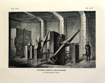 1877 Antique Telescope engraving, vintage astronomy print, Astronomical Instruments scientific apparatus plate, Great Lord Rosse telescope.