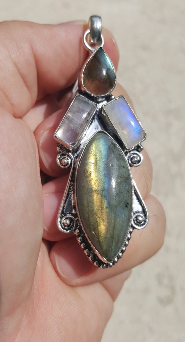 Unique Labradorite &amp; Rainbow Moonstone Combination Pendant