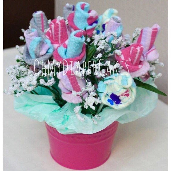 Baby Sock Bouquet in Bucket Baby Sock Roses Bouquet Dozen
