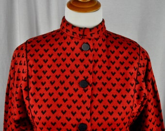 Vintage 1980s Red and Black Wool Polyester with V Arrow Design Midi Dress