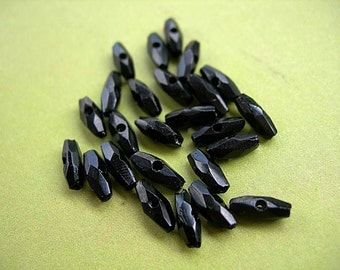 Antique French Victorian Jet Black Glass Sew-on Beads 7mm x 3mm Faceted with 2 cross-holes lot of 24