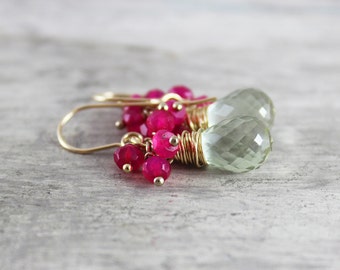Green Amethyst Earrings, Hot Pink Earrings, Chalcedony Gemstone Earrings, Gold Filled Earrings, Wire Wrap Earrings, Dangle Drop Earrings