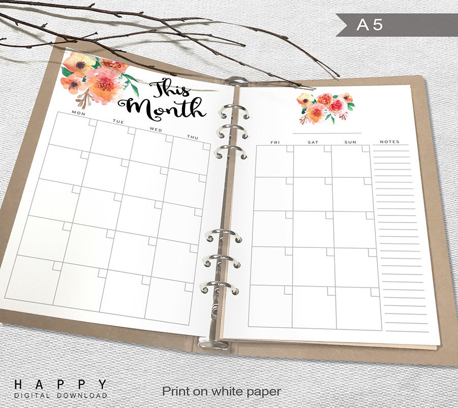 Printable Monthly Planner A5 Monthly Planner Printable A5