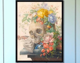 Vanitas Still Life by Herman Henstenburgh Antique Reproduction Print skull flowers skull print gothic home decor gothic gifts art