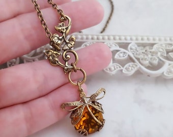 Citrine dragonfly necklace, Art Nouveau lariat necklace, Honey Amber dragonfly jewelry, filigree jewelry bug pendant y necklace