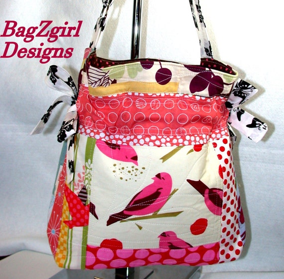 Items similar to Quilted-Patchwork-Aqua Hot Pink-Birds-Handbag ...