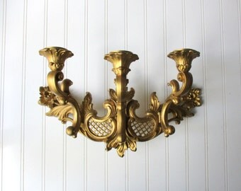 Vintage Dart Ind. wall sconce 3 arm candle light holder gold tone plastic Hollywood Regency BoHo