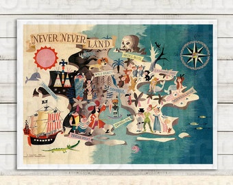 Peter Pan Neverland Printable. Vintage Childrens Printable, Printable, Disney Kids Art, Disney Illustration, Nursery, Girls, Kids Room Decor