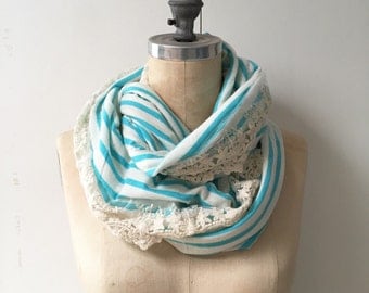 The Infinity Scarf in Turquoise Stripe with Lace, Ready to Ship