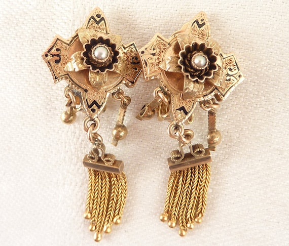 Victorian 10K Gold Black Enamel and Seed Pearl Tassel Drop Clip On Earrings