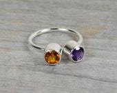 Duo Birthstone Ring, Amethyst and Citrine Ring in Sterling Silver, UK size J 1/2 (US size 5)