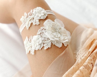 Ivory pearl beaded wedding garter set, bridal lace garter set, keepsake, tossing - style 408 set