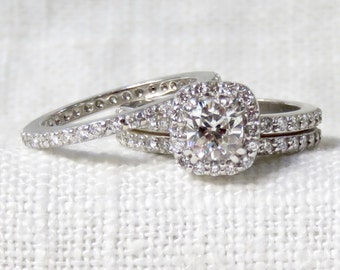 Vintage Diamond Engagement Ring in 18k White Gold; Wedding Band Set; Diamond Halo Ring and Eternity Ring;