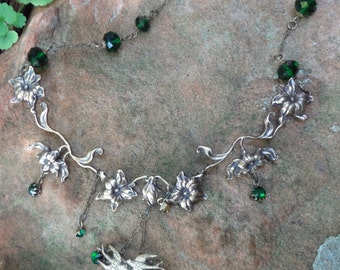 Vintage Lovebirds and Florals Necklace--Emerald Green-May birthday