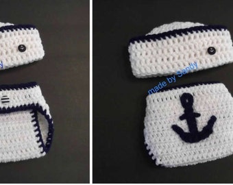 Nautical Sailor Hat and Anchor Diaper Cover Set - nb - white and navy blue