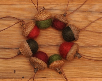 Felted Wool Acorns Ornaments in Red and Green, also available without hangers
