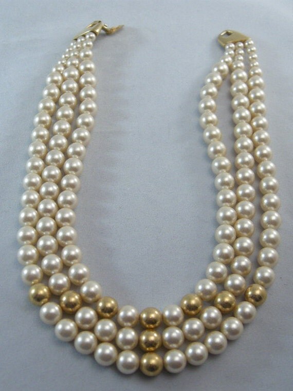 Mid Century Modern 3 Strand Faux Pearl Napier Necklace Choker