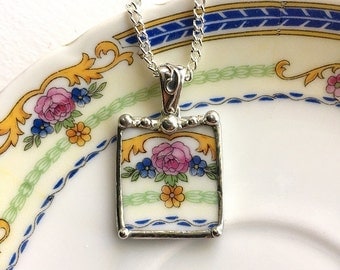 Broken China Jewelry pendant necklace antique fine bone china porcelain pink rose