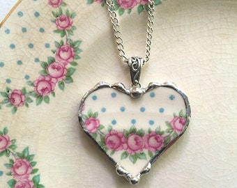 Pink roses blue polka dots broken china jewelry heart pendant necklace