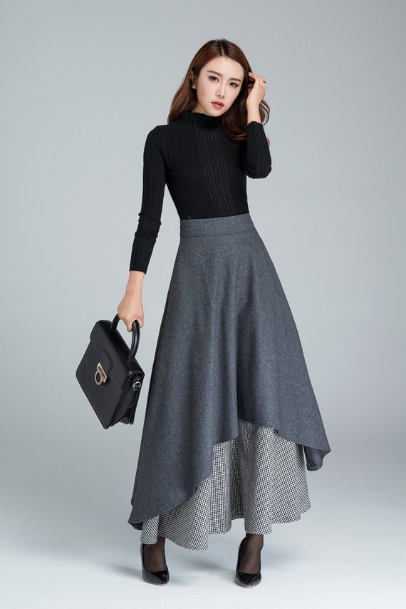 dark grey skirt long skirt warm winter skirt black and
