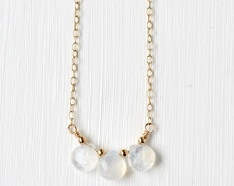 Gold Rainbow Moonstone Necklace / Three Stone Moonstone Necklace / Dainty Gemstone Necklace / June Birthstone Jewelry