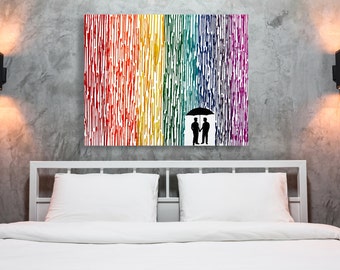LGBT Art, Gay Wedding Gift, Melted Crayon Art, Gay Couple Gift For Boyfriend, Rainbow Painting, Silhouette Rain Painting, Wax Painting 22x28