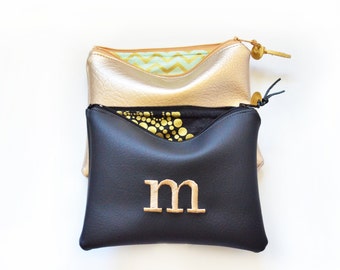 Personalized Gift Idea for Her Monogram Clutch Set Purse Custom Women Pouch Gold Black Faux Leather Metallic Makeup Bag Wedding