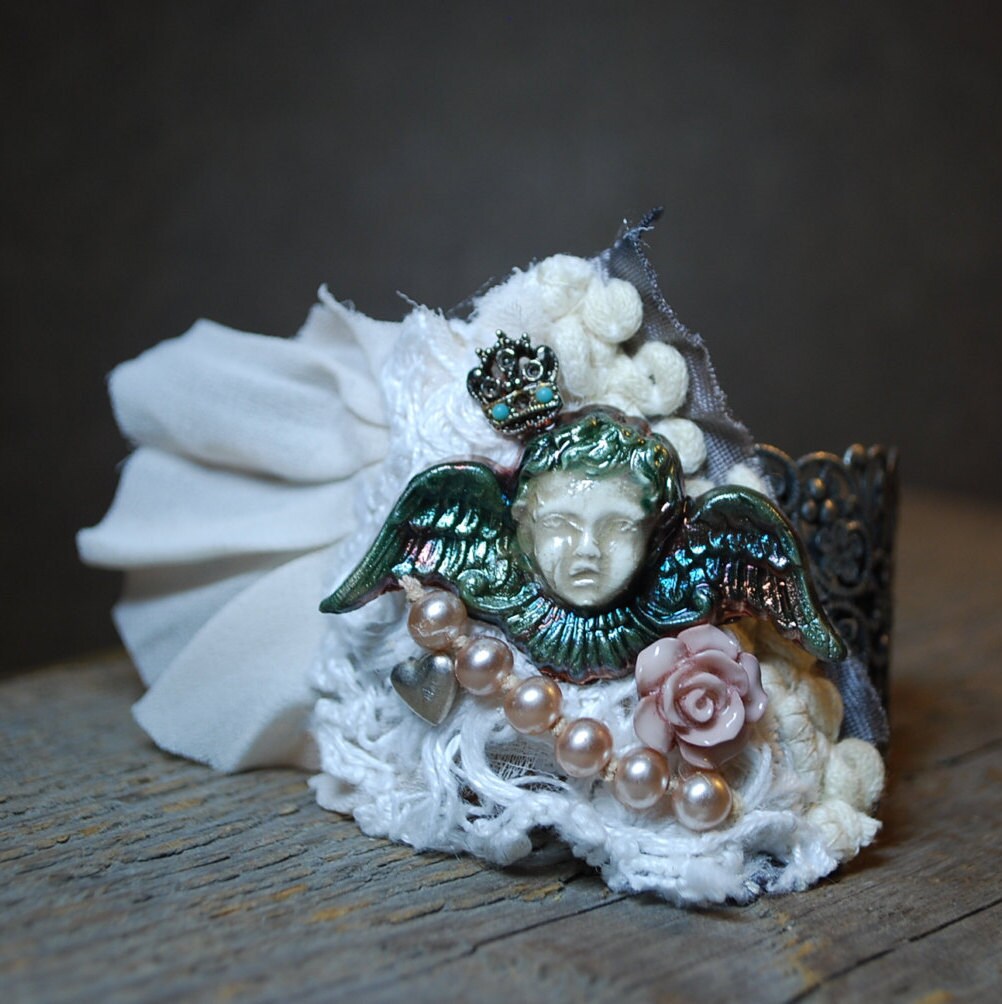 Shabby chic wearable art jewelry assemblage raku by Bungelowjame