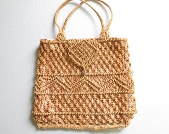 Vintage Woven Pouch * Boho Macrame Purse * Satin Tote Bag