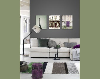 SALE, Paris Canvas Art Set, Purple, Mint, Eiffel Tower Canvas, Large Wall Art Canvas, Canvas Wall Art, 3 Canvas Set