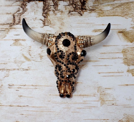 Black And Gold Rhinestone Decorated Resin Cow Skull Wall Art