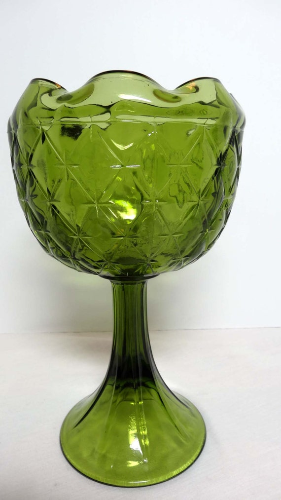 Green Depression Glass Stemmed Compote Star Motif Serving Bowl