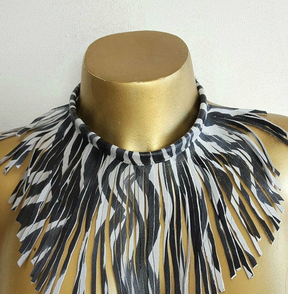 leather long fringe statement necklace very light by Dingthings