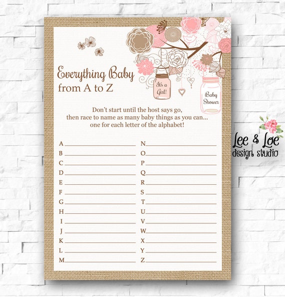 Everything A to Z Baby Baby Shower Game Baby Girl Pink