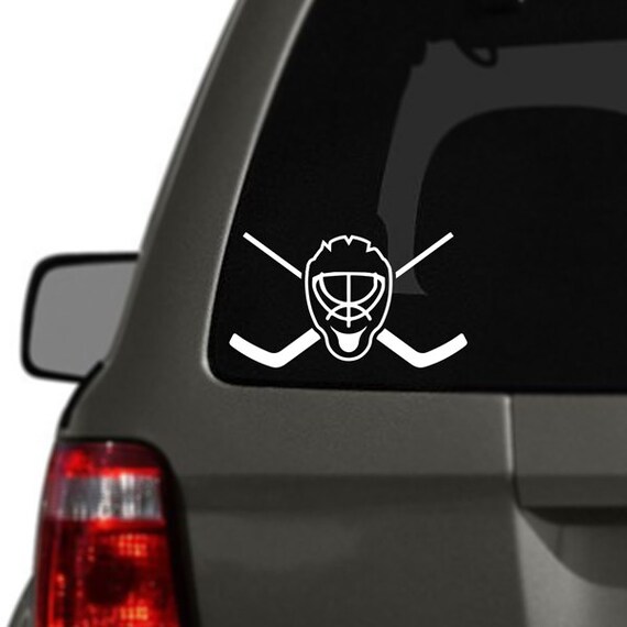 Hockey Car Decal Sticker Goalie Mask and Crossed Sticks
