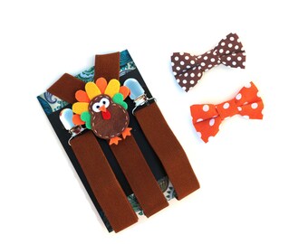Kids Turkey Suspenders, Boys Thanksgiving Outfit, Brown Suspenders, Baby Suspenders, Toddler Suspenders, Childrens Photo Prop, Holiday,