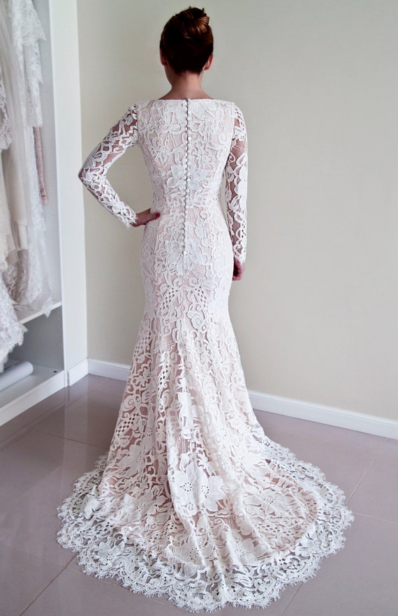 Lace Wedding Dress with Covered Back and Long Sleeves made of