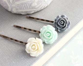 Mint Rose Hair Pins Flower Bobby Pins Grey Rose Hair Accessories Floral Hair Pins Hippie Gift for Her Wedding Accessories Flower Girl Gift