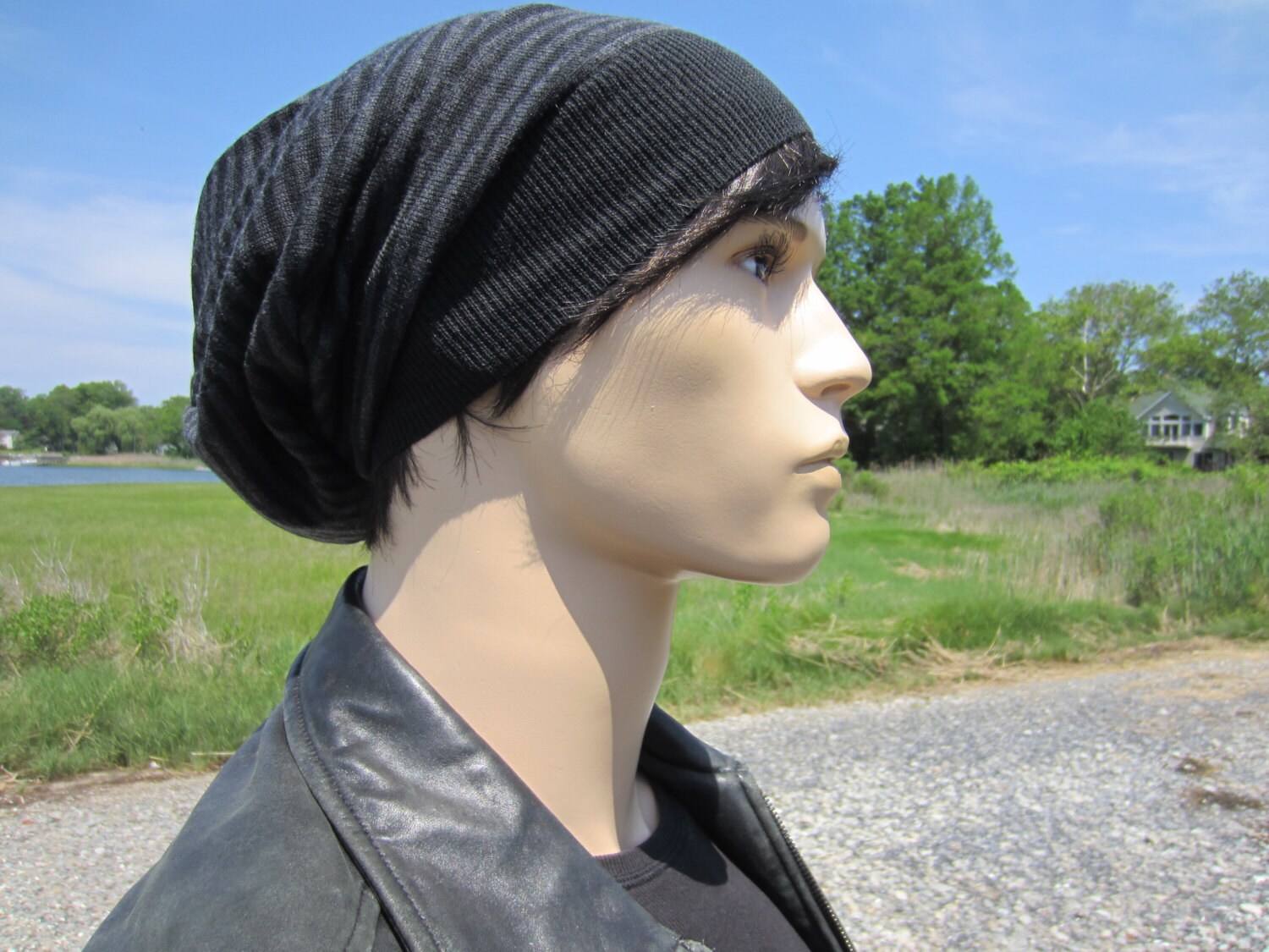 Men's Slouch Hat Merino Wool Beanie Black Grey Striped