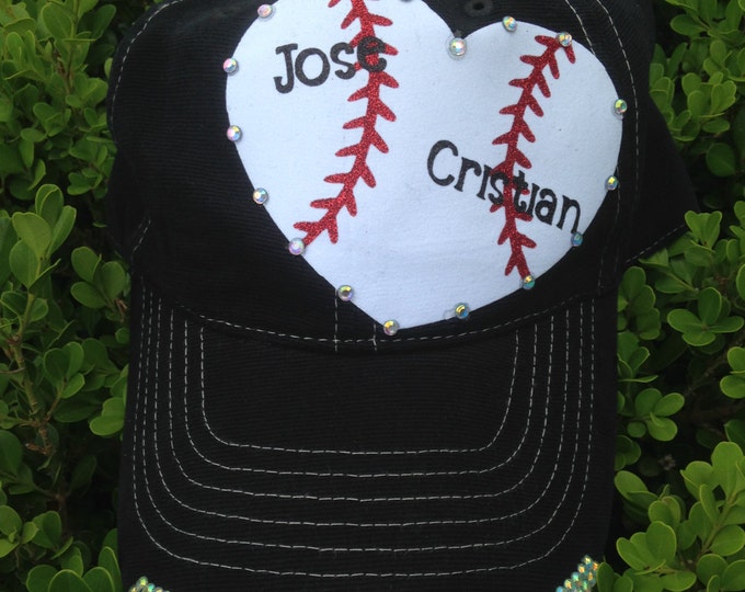 Baseball Heart, Personalized Womens Baseball Cap, Fan Gear, Baseball Mom Hat, Rhinestone Baseball, Trucker Cadet, Bling Baseball Caps