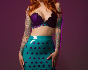 Mermaid latex cosplay seashell bra and fish scale skirt
