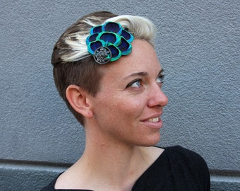 Bright Blue and Green Fan Fascinator, Vintage Button Accent