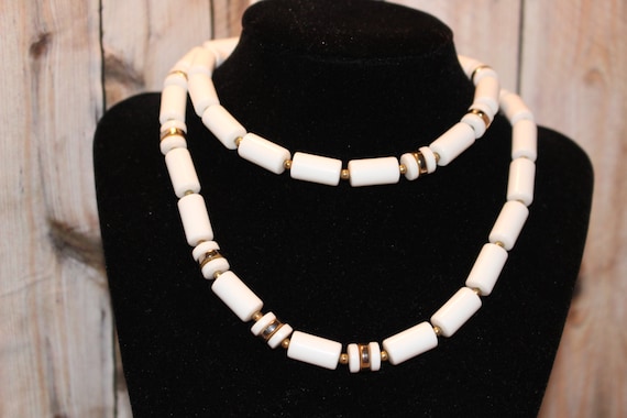 White Vintage Napier Necklace Plastic and Goldtone Metal Spacers