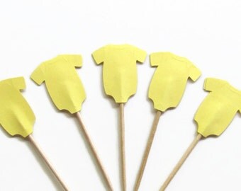 24 Yellow Onesie Cupcake Toppers, Party Picks