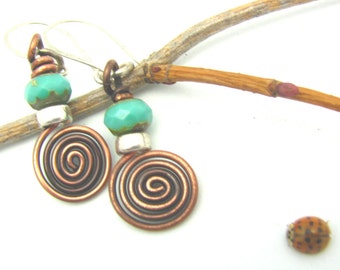 Spiral Copper Earrings Wire Wrapped Jewelry Dangle Handmade Earrings Rustic Tribal