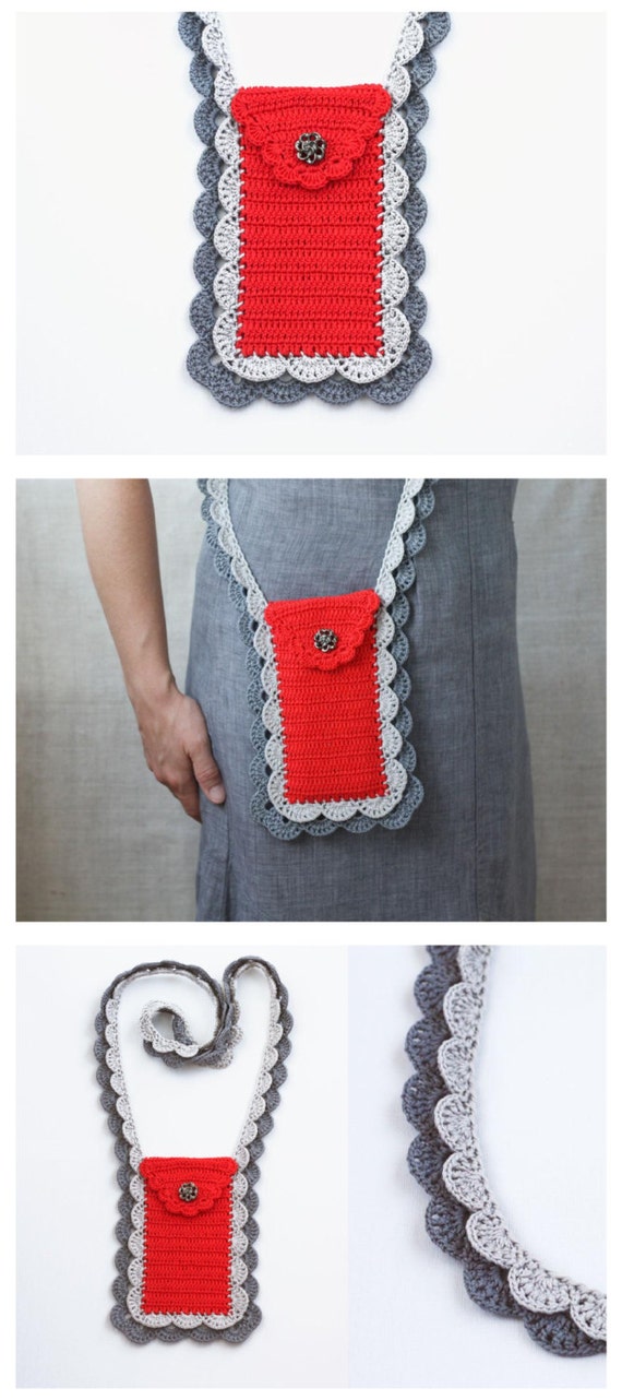 Smartphone crossbody bag Red grey Crochet phone case unique