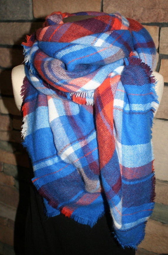Plaid Tartan Blanket Scarf Royal Blue and Orange Plaid Scarf