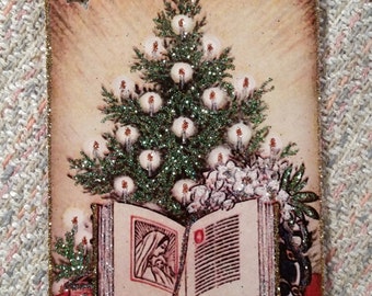 SALE! Glittered Christmas Tags ~ Hand-Glittered Holy Bible Christmas Tags with Ribbon, Old-Fashioned, Vintage Style, Nostalgic Christmas