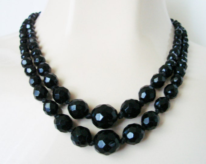 1950s Black Glass Bead Bib Necklace / Faceted Beads / Double Strand / Vintage Jewelry / Jewellery