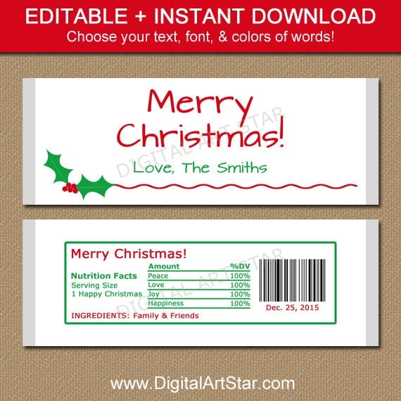 EDITABLE Christmas Candy Bar Wrappers Printable by digitalartstar